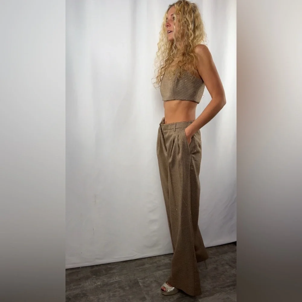 NEW House of Harlow 1960 Cropped‎ Top Wide Leg Pants Set in Brown Size Small